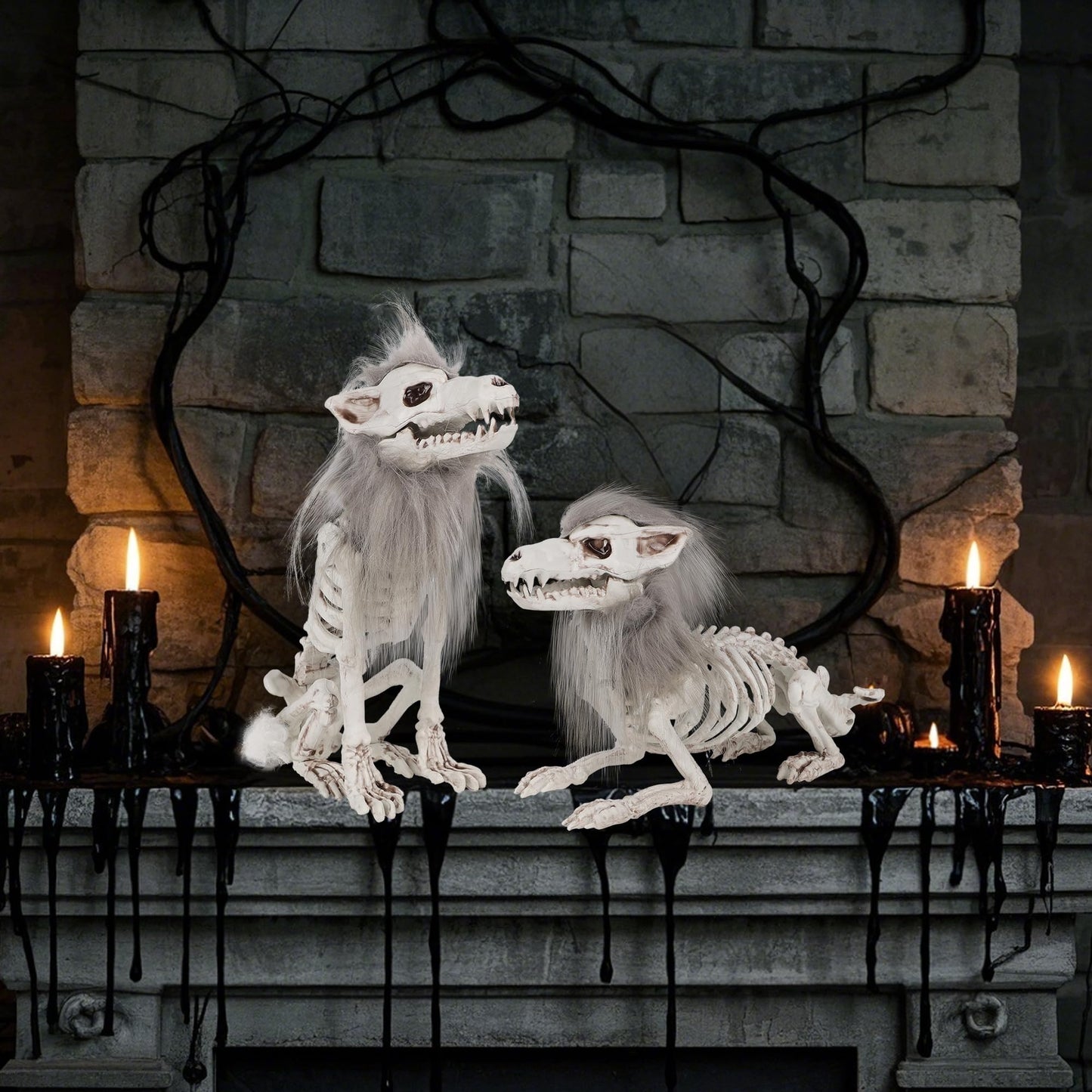 DR.DUDU 2 Pack Halloween Skeleton Wolf Decorations, Life Size Animals Skeletons Poseable Halloween Decor Plastic Bones with Hair Wolf Skull Figurines for Table Yard Lawn Party Props Décor