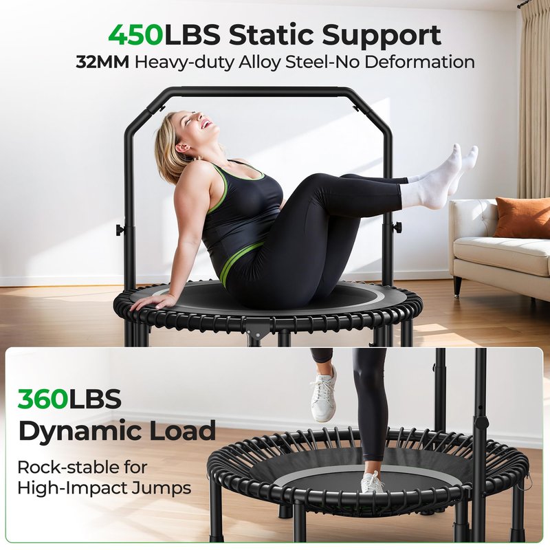 BCAN BT2 450/550LBS Mini Rebounder Trampoline for Adults with Bar, Fitness Trampoline with Bungees, Adjustable Handle, Stable & Quiet, Indoor Outdoor, Whole-Body Workout & Relaxation at Home-40IN-SLV