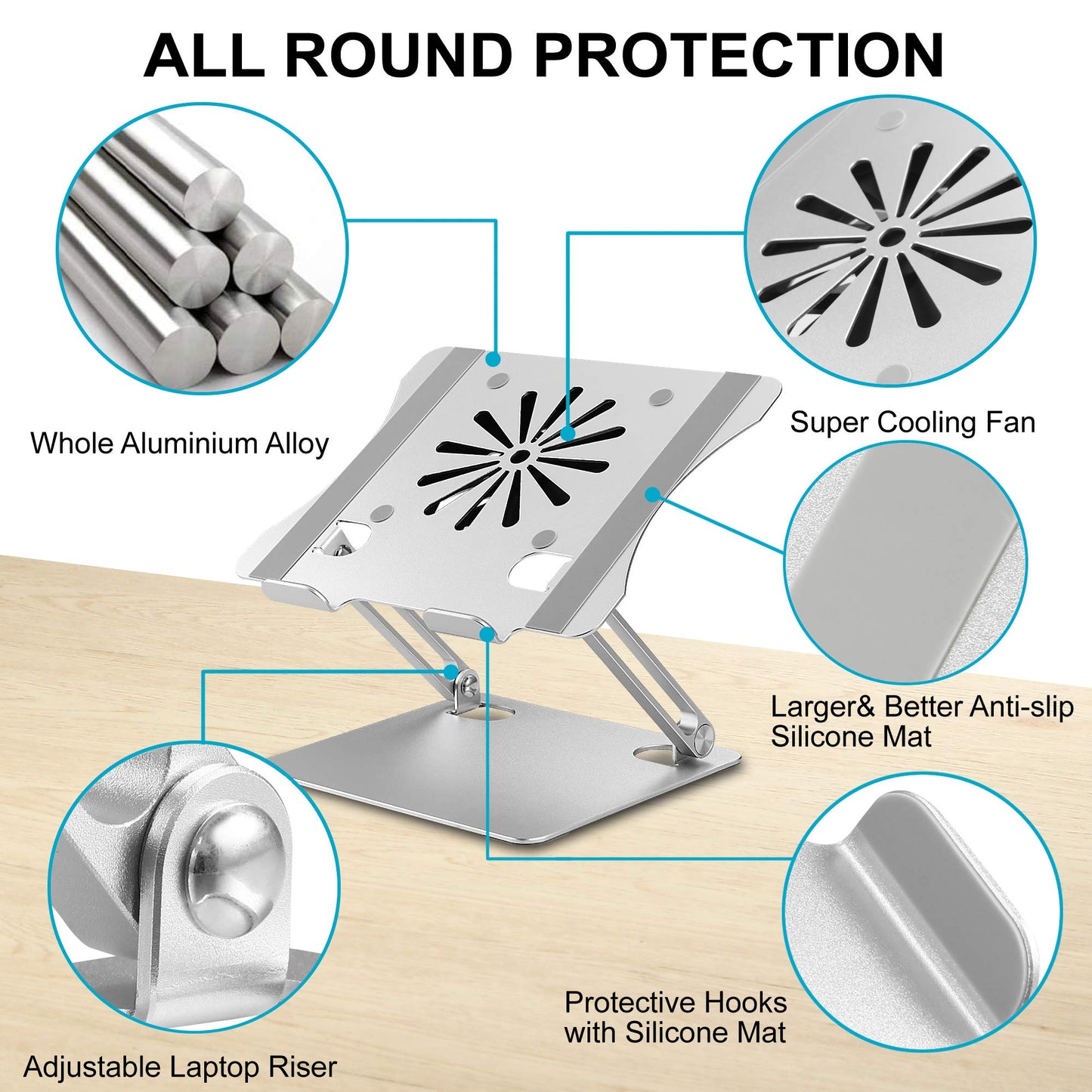 Adjustable Laptop Stand with Cooling Fan, Aluminium Alloy Multi-Angle Computer Holder for Desk, Portable Notebook Metal Mount Compatible with MacBook, Air, Pro, Dell, Alienware All Laptops 11"-17.3"