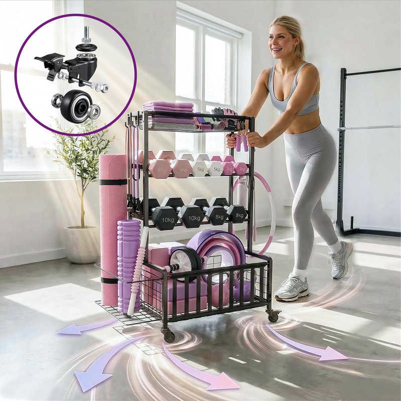 Dumbbell Rack, Home Gym Storage Rack, Adjustable Weight Rack Organizer with Wheels & Hooks, Heavy Duty Gym Equipment Storage, Workout Storage Organizer for Garage Gym