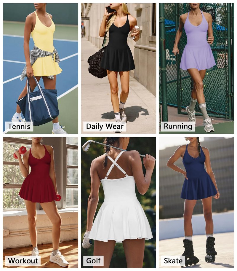 Hragc Women's Sexy V Neck Pleated Flowy Tennis Black Dress for Women Medium Athletic Golf Workou Active Summer Sleeveless Tank Mini Dresses with Shorts Pockets