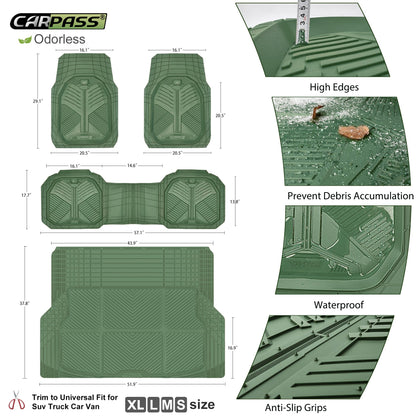CAR PASS Heavy Duty Rubber Car Mats with Cargo Liner, Deep-Dish Car Floor Mats and Trunk Mat All Weather, Universal Trim-to-Fit for SUVs Trucks Sedans, Waterproof Anti-Slip, Trimmable V12 Olive Green
