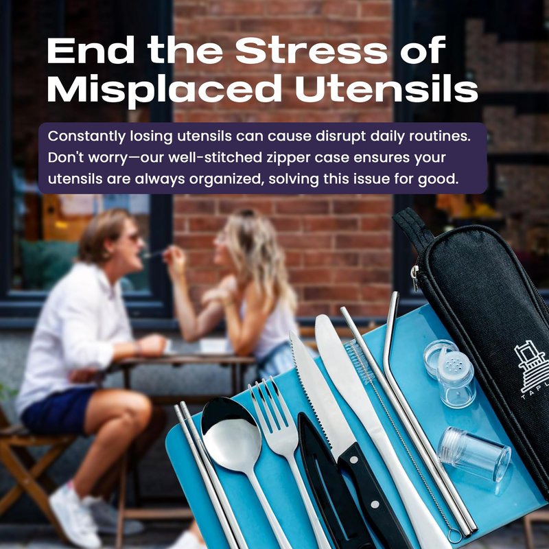 Taplord Portable Travel Silverware Set With Case, Includes 10 Pcs of Travel Utensils With Case, Stainless Steel Flatware Set For Camping, Lightweight (Silver)