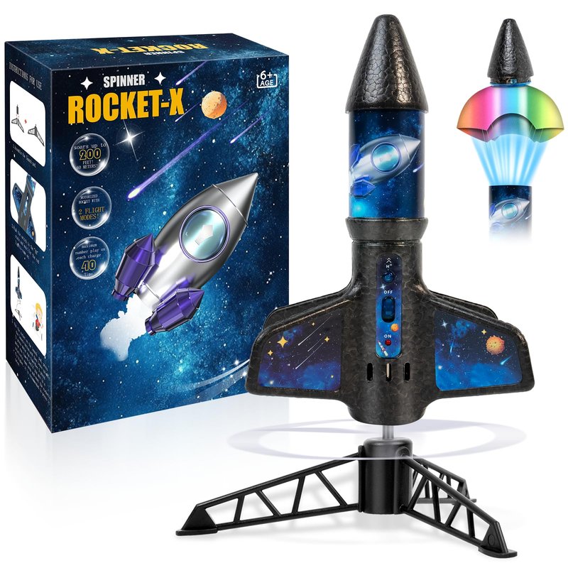 Rocket Launcher for Kids -200 Feet of Flight Altitude, Auto Electric Rocket Toys with Safe Parachute, Outdoor Summer Yard Toys Easter Birthday Gifts for Boys & Girls Age 6 7 9 10 12 8-13 Years Old