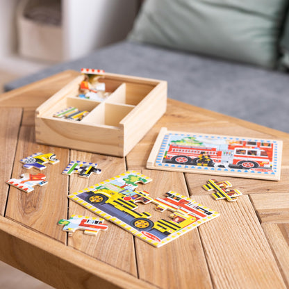 Melissa & Doug 4‑in‑1 Wooden Vehicle Jigsaw Puzzle Set, 48 Pieces with Storage Box, Toddler Puzzle Toy for Kids Ages 3+- FSC Certified