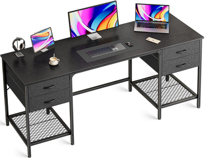 Huuger 63 Inch Computer Desk with 4 Drawers, Mesh Shelf, Gaming, Large Storage, Writing Work Desk for Home, Study, Bedroom, Work from Home, Black