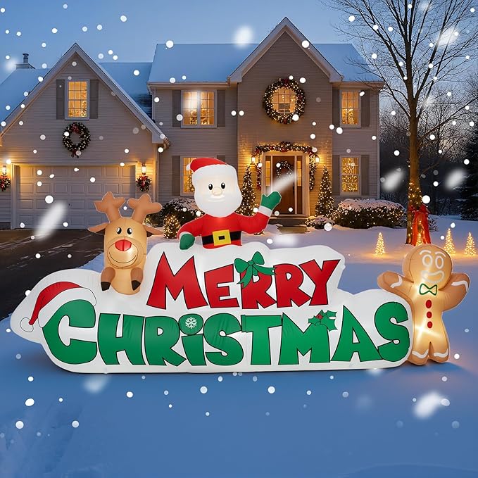 9.5 FT Christmas Inflatable Merry Christmas Sign with Santa, Reindeer & Gingerbread Man, LED Lit in- & Outdoor Decoration for Yard Garden Lawn Winter Decor