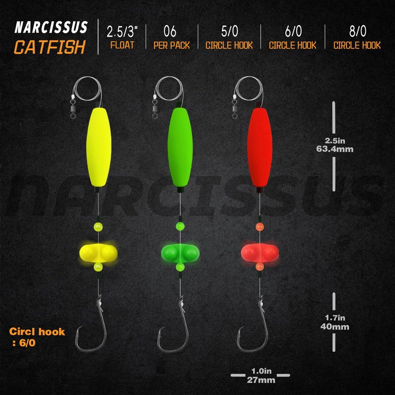 Narcissus Catfish Rigs Set – 6 Pre-Tied Rigs with 2 Sinker Sliders & 2oz Pyramid Sinker, Float Rigs Tackle, Santee Rig, Circle Hooks 6/0 – Complete & Ready-to-Use Kit (Hook Size 6/0-6pcs)