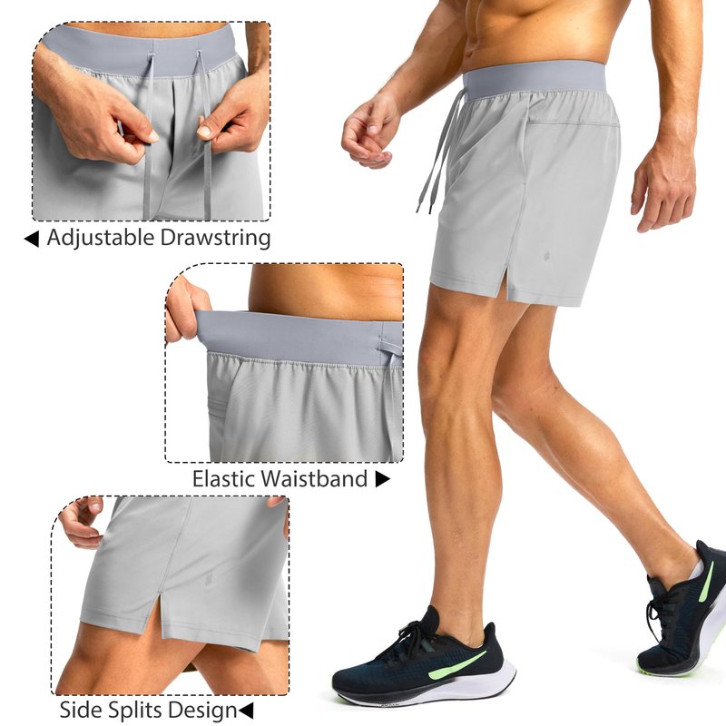Soothfeel Men's Running Shorts with Zipper Pockets 9"/ 7"/ 5" Lightweight Quick Dry Basketball Gym Workout Athletic Shorts for Men (Light Grey, S)