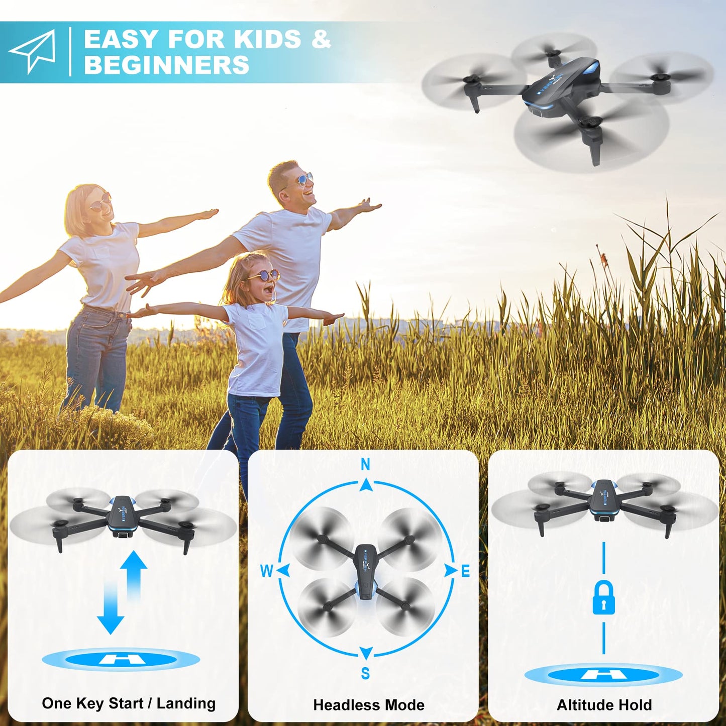Drone with 1080P Camera for Beginners and Adults, Foldable Remote Control Quadcopter with Voice Control, Gestures Selfie, Altitude Hold, One Key Start, 3D Flips, 2 Batteries, Toy for Beginners