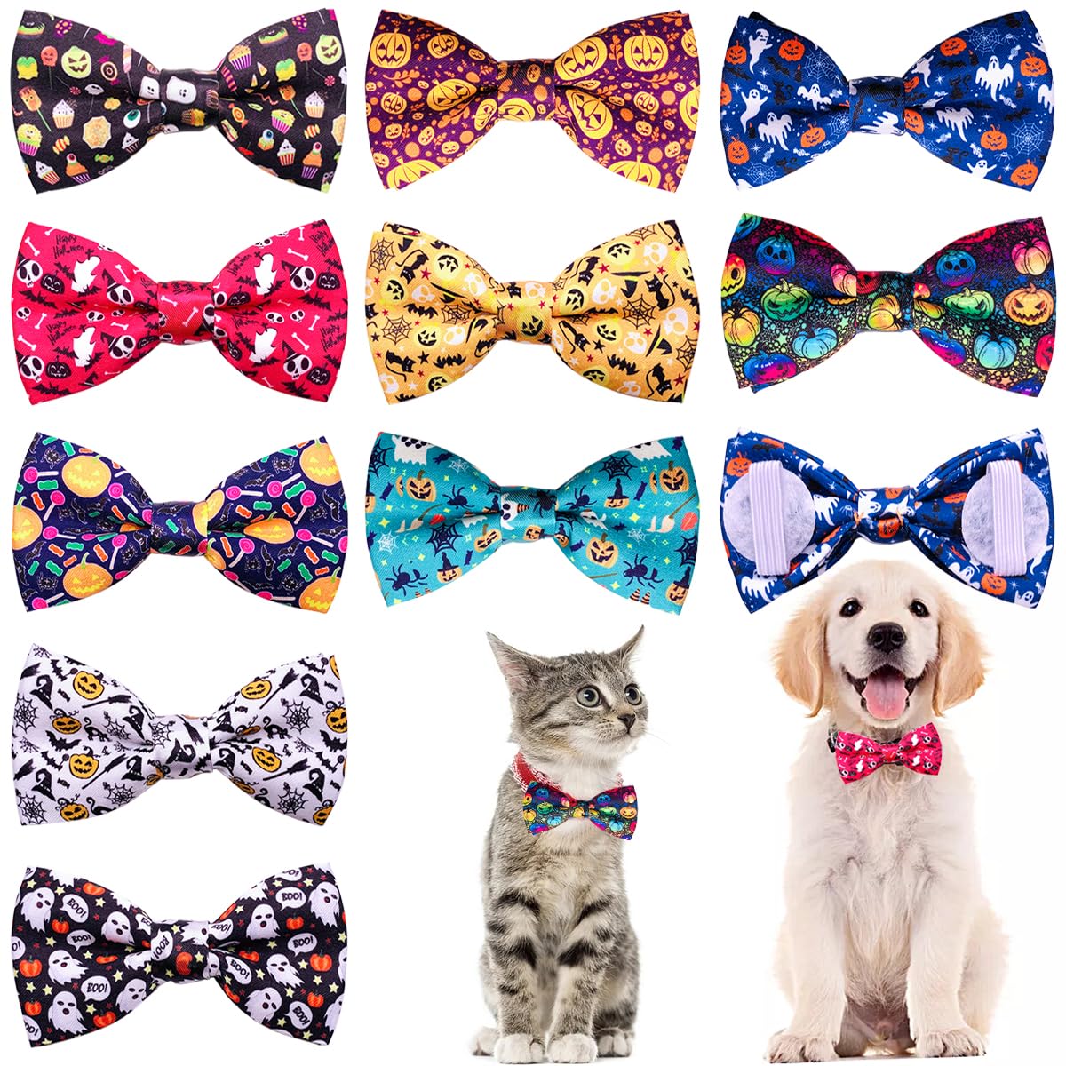 PET SHOW 10pcs Halloween Small Dog Bow Ties for Medium Dogs Puppies Rabbit Cat Detachable Bowties with Elastic Bands Attach to Collar Pet Grooming Collar Attachment Accessories