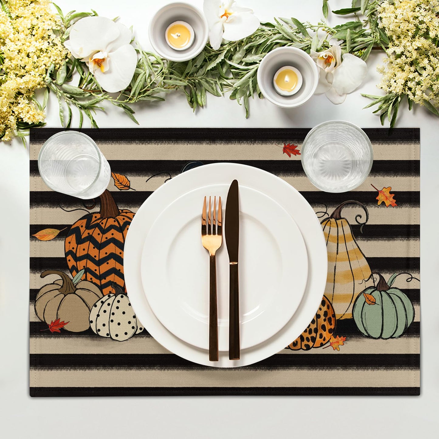 Fall Placemats Set of 4, Autumn Place Mats 12x18 Inch Leopard Buffalo Plaid Pumpkin Heat Resistant Washable Tablemats for Farmhouse Kitchen Dining Thanksgiving Halloween Party