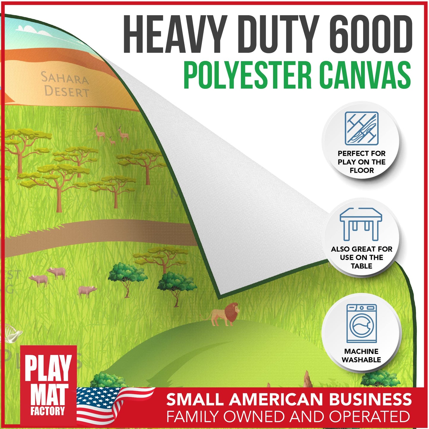 Safari Play Mat for Toy Animals | Foldable Solution |Large Size 57” x 57” | All Safari Animals | African Jungle Serengeti | Child Activity Mat | by Play Mat Factory