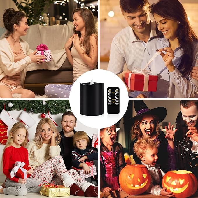 Black Flameless LED Candles - 3" x 4" Real Wax, Battery Operated with Remote Timer, 3D Flickering, Lasts 600+ Hours, Halloween & Christmas Deco (Black, 3"*4"-1pcs)