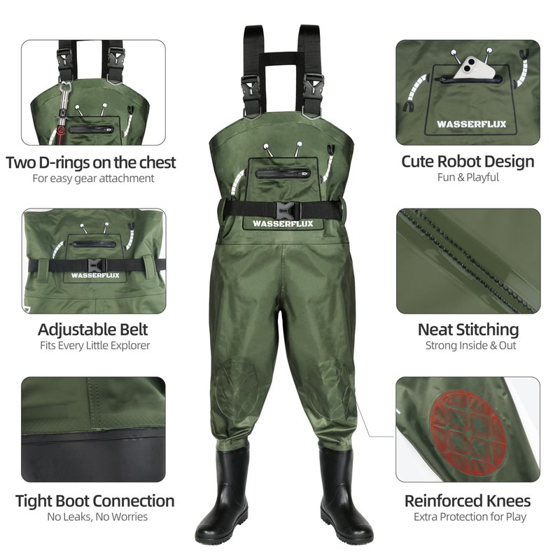 wasserflux Kids Chest Waders with Boots – Waterproof PVC Youth Waders with Reflective Strips & Reinforced Knees, Lightweight Fishing Waders, Green 8/9T