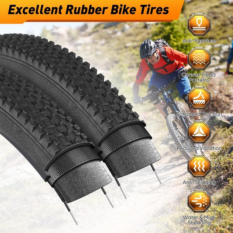 26 Inch Bike Tire, 2Pack 26 x 1.95 Bike Tires & Tubes with Repair Kit, Folding Portable 26 MTB Tires, Replaceable Bicycle Tires 26x1.95 with Inner Tubes and Levers for City Roads, Muddy Trails