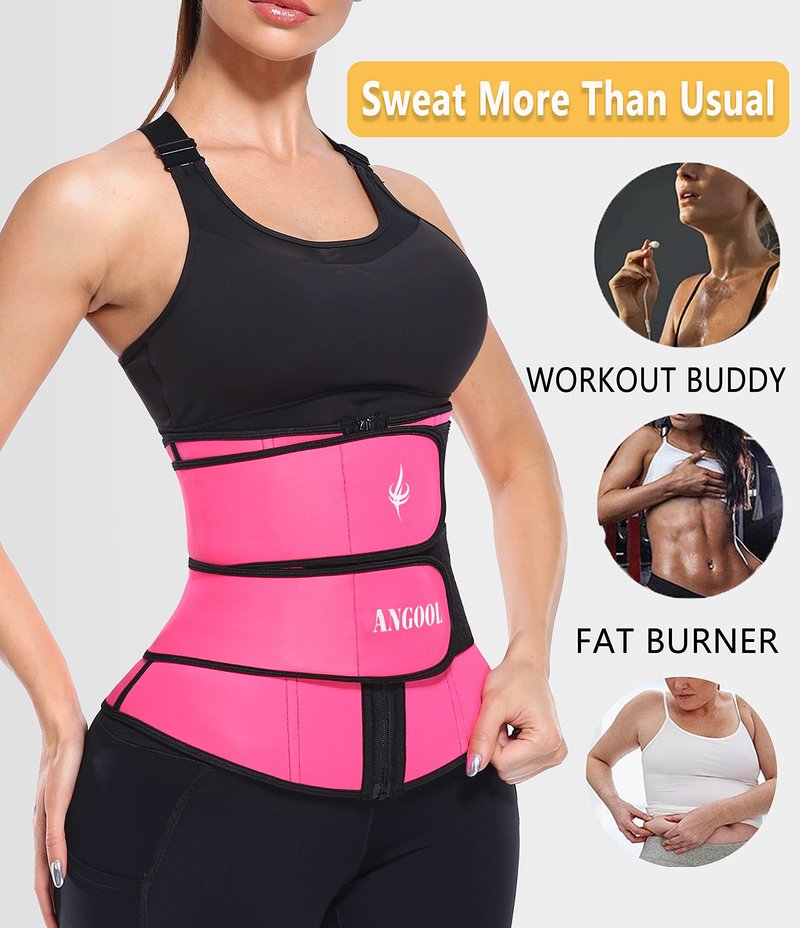 ANGOOL Neopren Waist Trainer For Women,Workout Plus Size Trimmer Belt Sauna Sweat Corset Cincher With Zipper M Pink