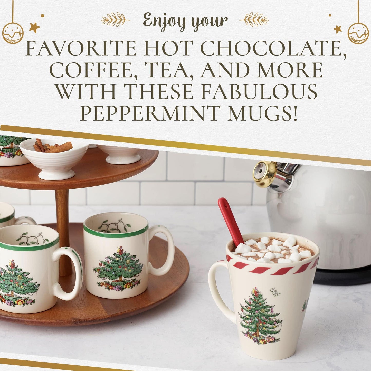 Spode Christmas Tree Peppermint 14oz Mug & Spoon Set (4-Piece) - Festive Earthenware with Candy Cane Motif, Mug for Hot Chocolate, Coffee, Holiday Mornings - Christmas Drinkware