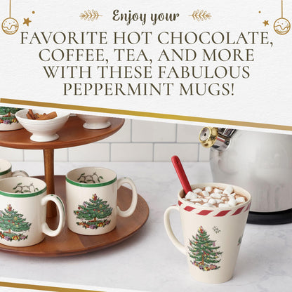 Spode Christmas Tree Peppermint 14oz Mug & Spoon Set (4-Piece) - Festive Earthenware with Candy Cane Motif, Mug for Hot Chocolate, Coffee, Holiday Mornings - Christmas Drinkware