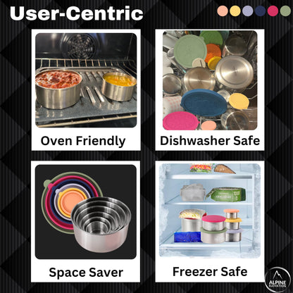 Alpine Elevation 12 Pcs - 6 Stainless Steel Containers + 6 Silicone Lids | 304 Stainless Steel Snack Container | Nesting Snack and Dip Containers | Metal Food Storage