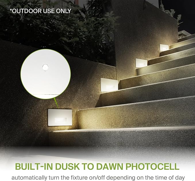 ASD LED Recessed Step Light Fixture, Dusk To Dawn Outdoor Stair Tread Lighting | 3CCT, Photocell, Waterproof, ETL Listed | 3W 120LM 3000K-5000K 120V | Staircase Hardwired Illumination | White, 12 Pack