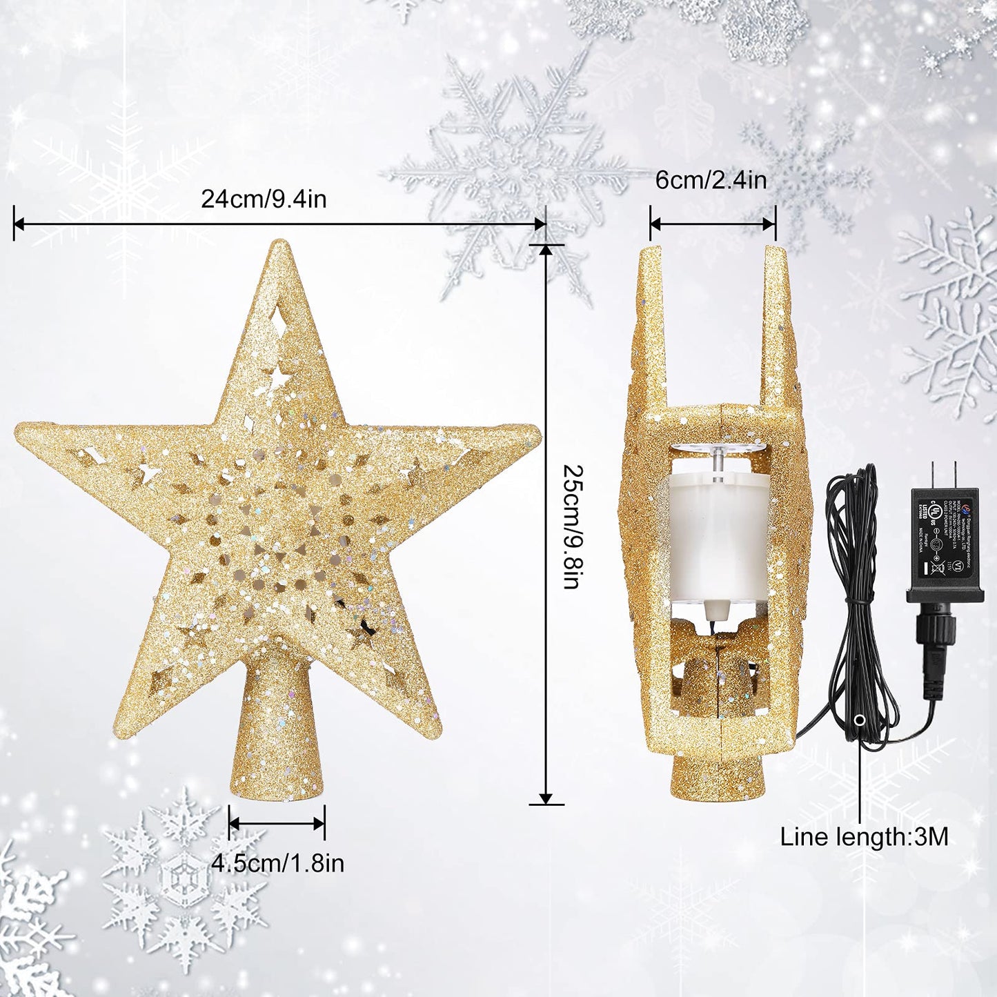 BLOOMWIN Christmas Tree Topper Lighted with Snowflake Projector, LED Rotating Hollow Snowflake, 3D Glitter Lighted Gold Star Tree Topper for Xmas Tree Festival Decorations Lights