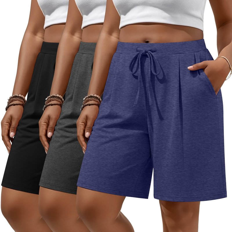 Huukeay 3 Pack Women's Plus Size Bermuda Shorts Casual Knit Drawstring Knee Length Walking Shorts with Pockets(Black,Heather Gray,Dark Blue,3X-Large)
