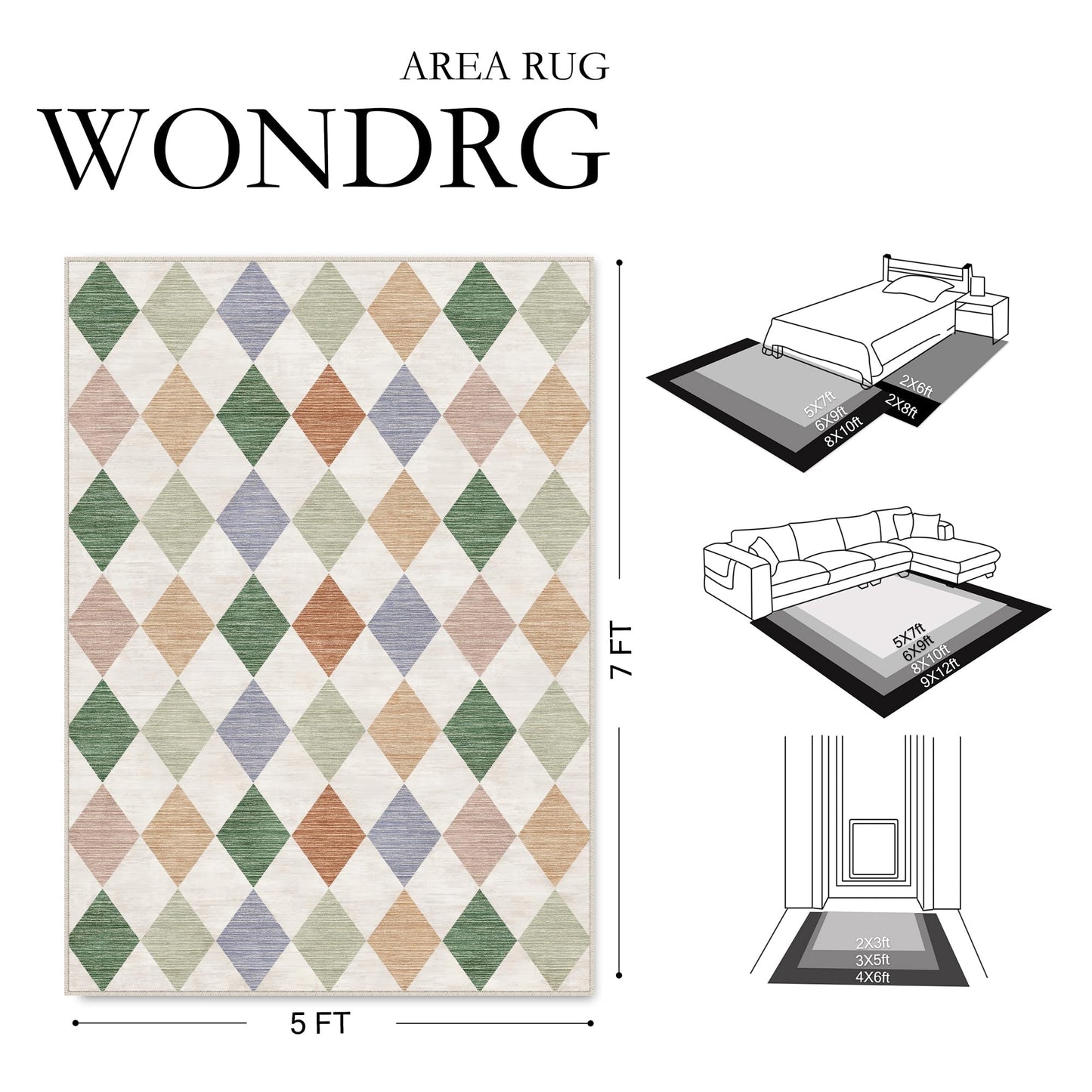 WondRg 8x10 Checkered Washable Area Rug for Living Room Bedroom Colorful Soft Modern Non Slip Large Throw Rug Lightweight Low Pile Neutral Carpet Dining Room Office Classroom Nursery Playroom