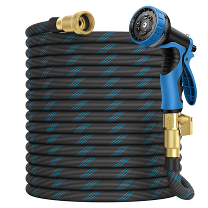 Garden Hose 100 ft, 2025 Upgarded Flexible Water Hose 100ft With 10-Pattern Spray Nozzle, Kink-Free, Lightweight, Durable, Leak-Proof Solid Brass Fittings (Black & Blue)