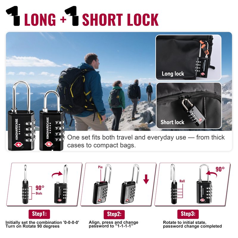 Kinghardcase 2 Pack TSA Locks for Luggage, 4-Digit Combination Travel Locks for Gun Cases, Toolboxes, Ammo Cases, Bags, Suitcases, Backpacks, Resettable Zinc Alloy Lock with Hook