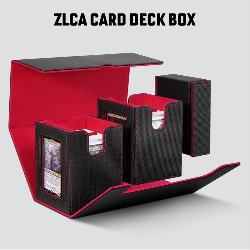 ZLCA Card Deck Box with Commander window Display, MTG Deck Box with Dice Tray Holds 200+ Double-Sleered Cards,Card Storage Case fit for YuGiOh,MTG,Sport (Black&Red)