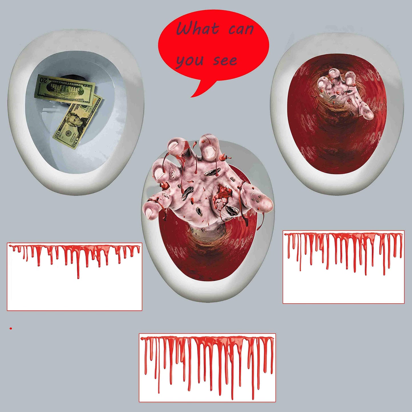 Halloween Toilet Seat Cover 3D Horror Morphing Decal for Halloween Theme Party Home Decor (Zombie Hand&Dollar&Blood)