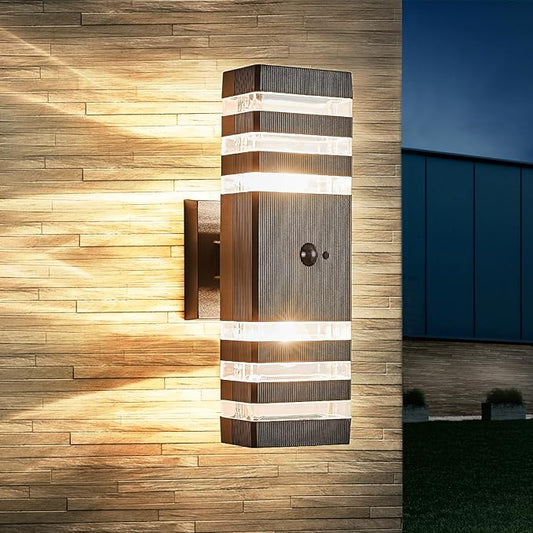 Motion Sensor Outdoor Wall Light Fixture Up Down Porch Lights Modern Dusk to Dawn Exterior Sconce Wall Mount Outside Coach Lantern for House Front Door Garage (Include 2 Free Dimmable Bulbs)