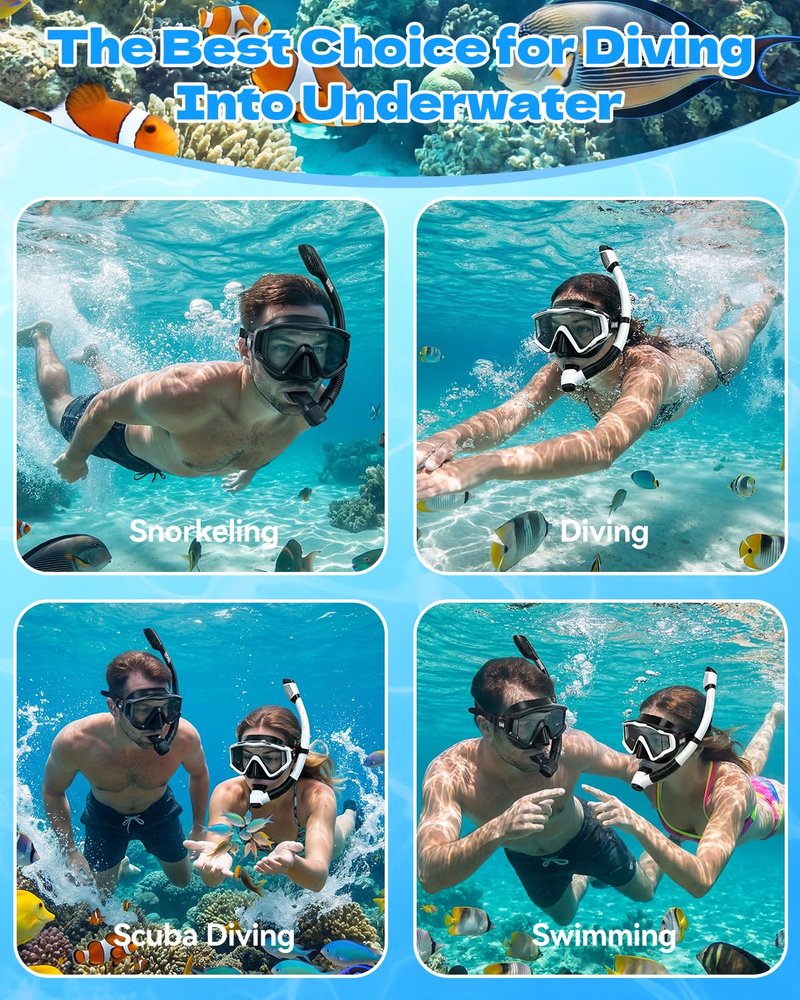 Aegend Snorkel Diving Mask for Adult Men Women – Diving Goggles Anti-Fog Tempered Glass Lens | for Adult Snorkeling, Swimming & Diving Gear (Black & White-2 Pack)