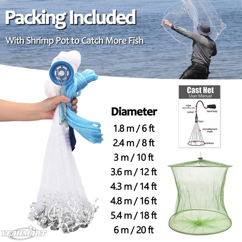 Yeahmart Handmade American Saltwater Fishing Cast Net with Heavy Duty Real Zinc Sinker Weights for Bait Trap Fish 9Ft Radius, 3/8 Inch Mesh Size