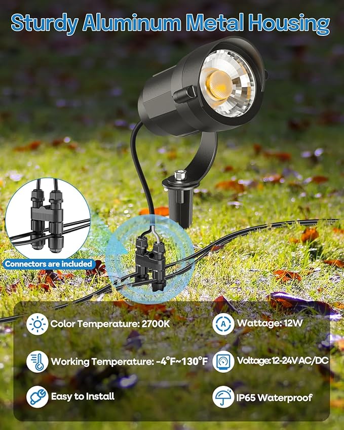 HIBOITEC 12W Low Voltage Landscape Lighting with 400W Transformer Photocell Sensor and Timer Connectors Spotlights Landscape Lights Kit IP65 Waterproof 2700K for House Yard Trees Outdoor 24 Packs