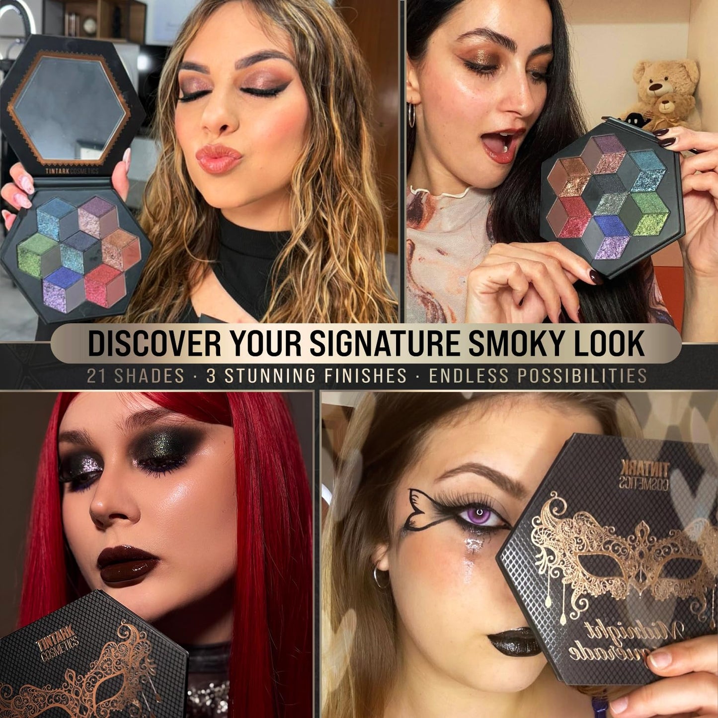 Tintark Black Smokey Eyeshadow Makeup Palette, Dark Smoky Eye Shadow Palettes for Halloween Goth Make up Glitter Shimmer Matte Pallets, Midnight Masquerade 21 Colors Brown Neutral Naked, Talc Free