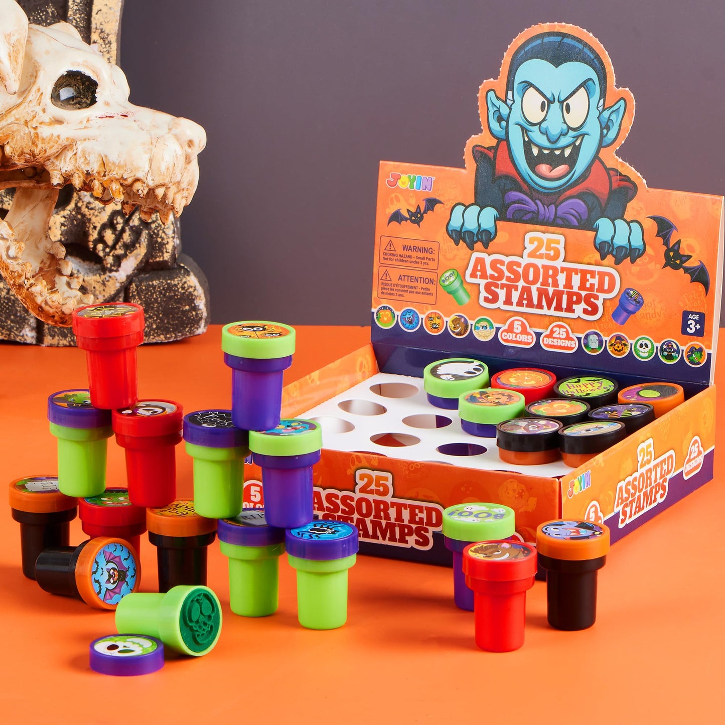 JOYIN 100 Pcs Halloween Stampers for Kids Gift, 25 Designs Assorted Plastic Stamps Bulk for Halloween Party Favors Goodie Bag Fillers, Teacher Student Stamps for Classroom Game Prizes