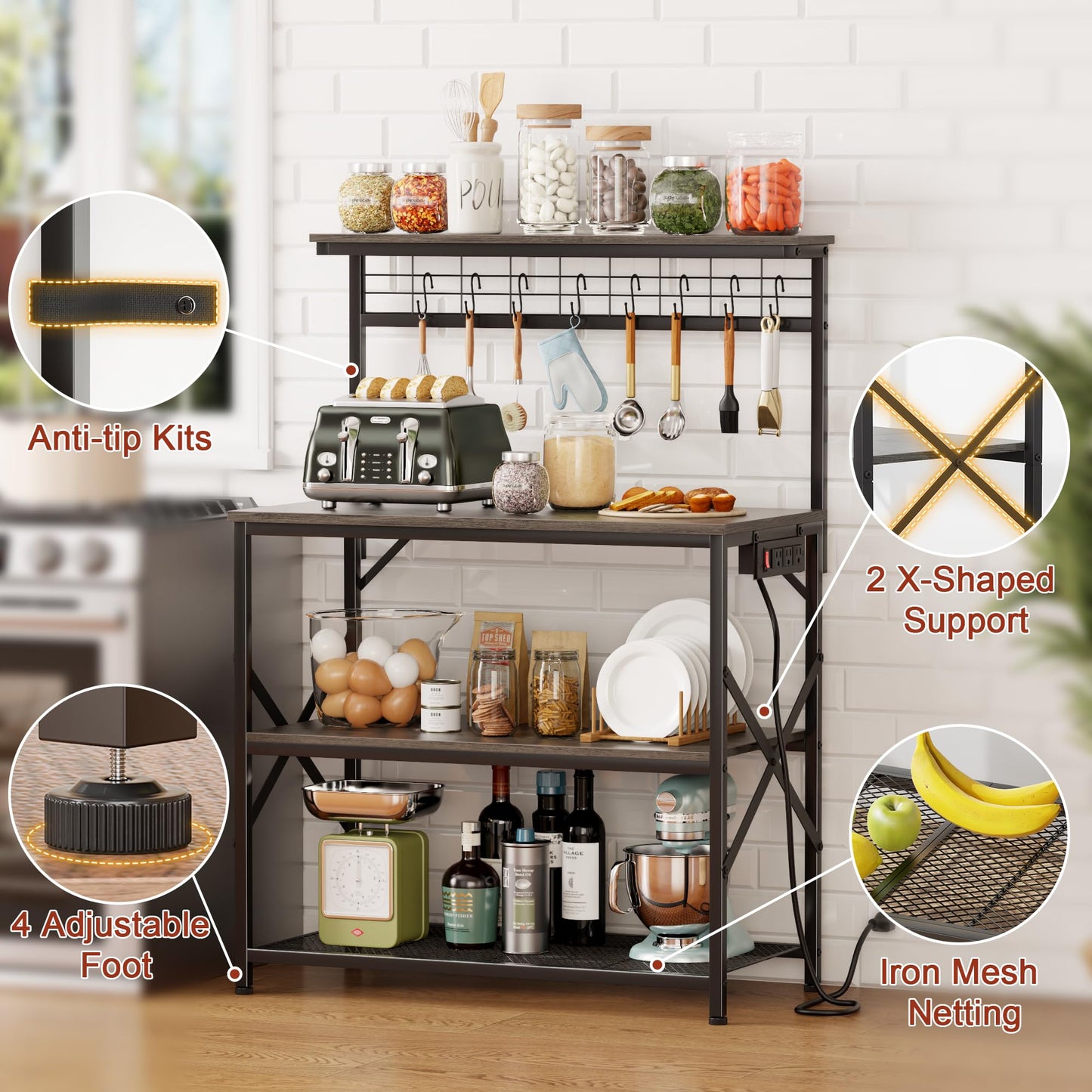 Furologee Kitchen Bakers Rack with Power Outlet, Microwave Oven Stand with Storage 4 Tiers, Coffee Bar Table with 6 S Hooks, Kitchen Storage Shelf Rack for Spices, Pots, Rustic Brown
