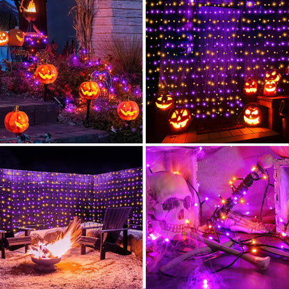 DealBeta Purple Orange Curtain Lights Battery Operated Halloween 300 LED Hanging Curtain Lights with Remote 8 Modes Timer for Wedding Halloween Party Decór (9.8ft×9.8ft)