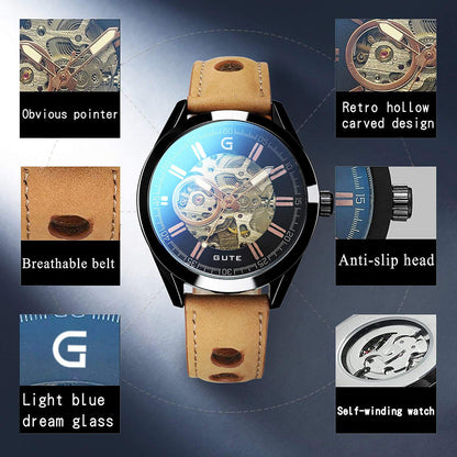 Gute Mens Watches, Mechanical Skeleton Automatic Self-Winding Steampunk Watch for Men, Casual Clock Brown Leather Wrist Watch