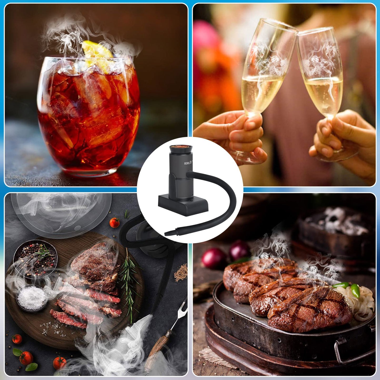 BORUiT Smoking Gun Food Smoker Portable Wood Smoke Infuser with Wood Chips, Food Kitchen Smoker for Sous Vide Meat Salmon Cocktails Cheese BBQ Grill, Great for Foodie Gifts