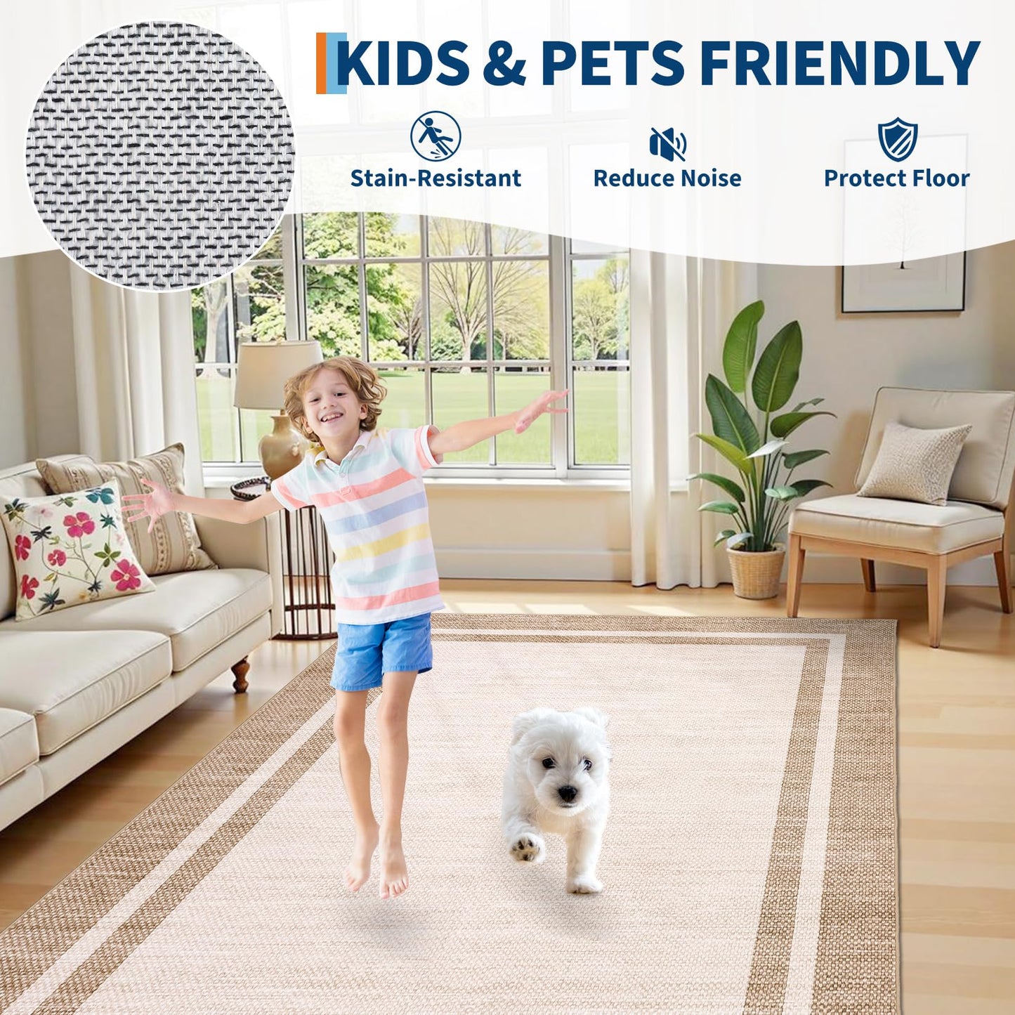GarveeHome Living Room Area Rug 8x10 Washable Rugs Modern Solid Border Throw Carpet with Rubber Backing Low Pile Stain Resistant Dining Room Rug Contemporary Bordered Carpet for Home Office,Beige