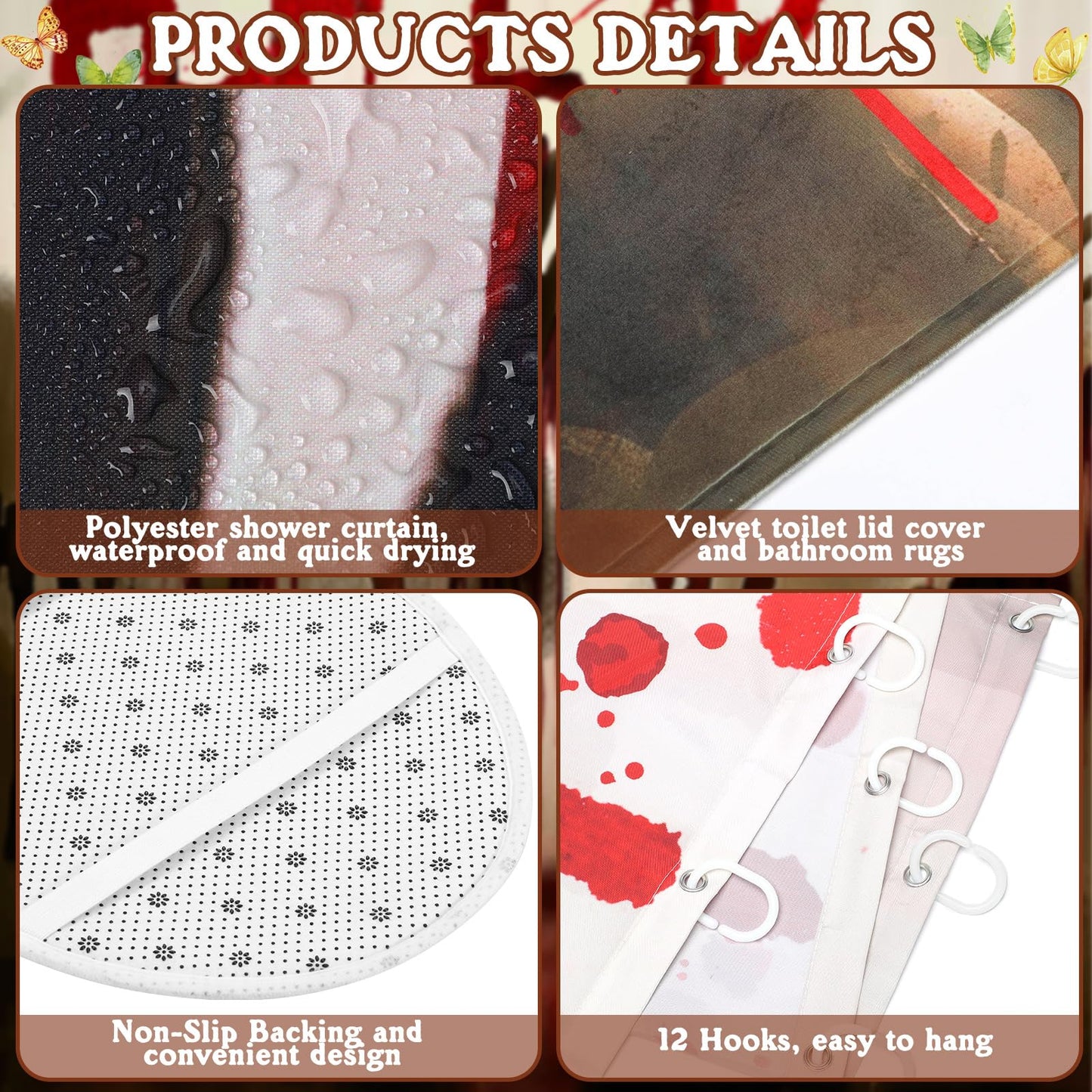 FuWeave 8 Pcs Halloween Help Me Shower Curtain Set for Bathroom Include Scary Ghost Shadow Bloody Hands Shower Curtain Towels Non Slip Rugs Toilet Lid Cover Bath Mat and 12 Hooks for Bathroom Decor