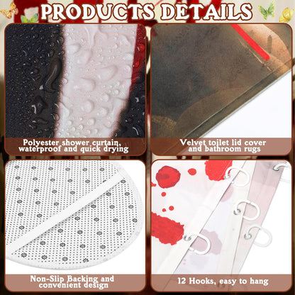 FuWeave 8 Pcs Halloween Help Me Shower Curtain Set for Bathroom Include Scary Ghost Shadow Bloody Hands Shower Curtain Towels Non Slip Rugs Toilet Lid Cover Bath Mat and 12 Hooks for Bathroom Decor