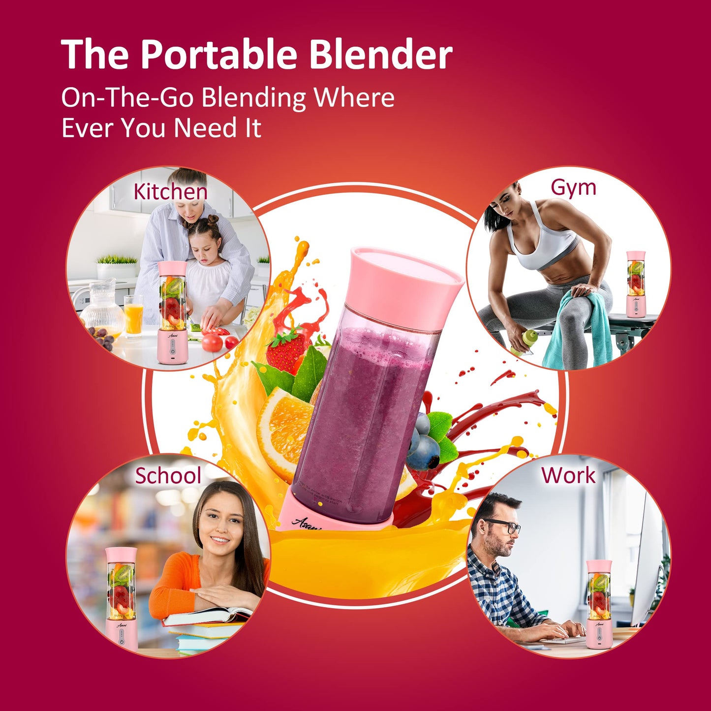 Asani Portable Mini Blender for Shakes and Smoothies, USB Rechargeable, Pink