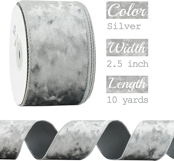 MEEDEE Silver Velvet Ribbon - 2.5 Inch Wired Velvet Crushed Silver Christmas Ribbon, 10 Yards for Tree Decoration, Wreath Supplies, Crafts Bow Making