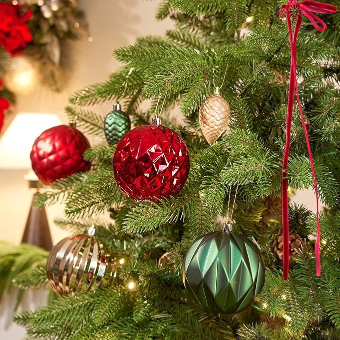 JORNOY Christmas Tree Ornaments, 4inch/100mm Shatterproof Ornaments for Christmas Tree Set - Large Plastic Decorative Hanging Balls Ornaments for Xmas Tree Decorations Party, 12ct (Red & Green & Gold)