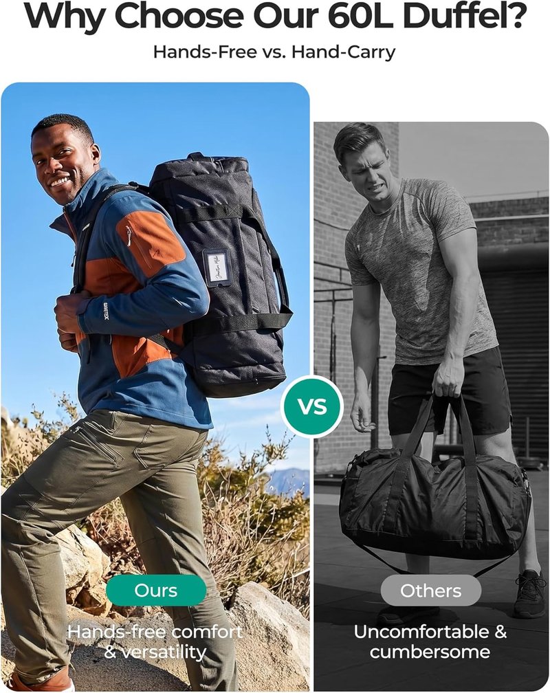 60L Foldable Duffle Bag - Large Travel Duffel & Backpack | Army Green