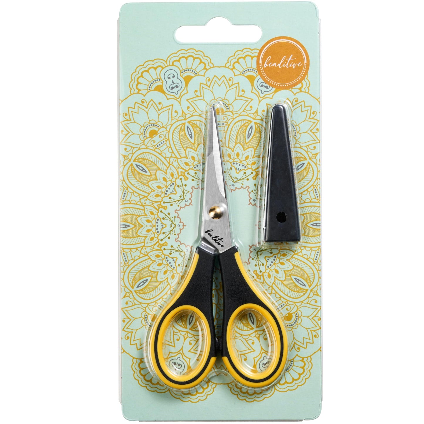 Beaditive Precision Craft Scissors - Stainless Steel Paper Crafting with Safety Cap Ultra Sharp Blades & Non-Slip TPR Handles Adult Kid Scrapbooking for Home, Office, School, Yellow